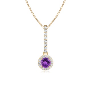 4mm AAA Dangling Round Amethyst and Diamond Halo Pendant in Yellow Gold