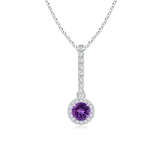 4mm AAAA Dangling Round Amethyst and Diamond Halo Pendant in White Gold