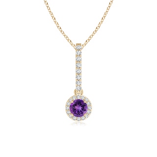 4mm AAAA Dangling Round Amethyst and Diamond Halo Pendant in Yellow Gold