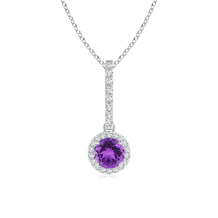 5mm AAA Dangling Round Amethyst and Diamond Halo Pendant in White Gold
