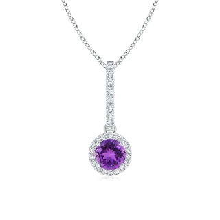 5mm AAA Dangling Round Amethyst and Diamond Halo Pendant in White Gold