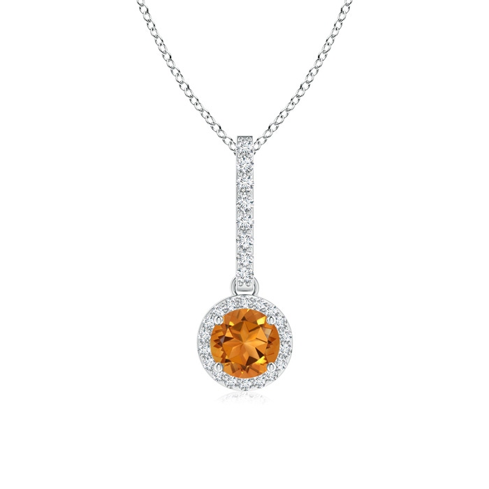 5mm AAA Dangling Round Citrine and Diamond Halo Pendant in White Gold