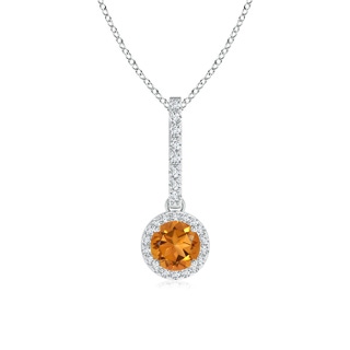 5mm AAA Dangling Round Citrine and Diamond Halo Pendant in White Gold
