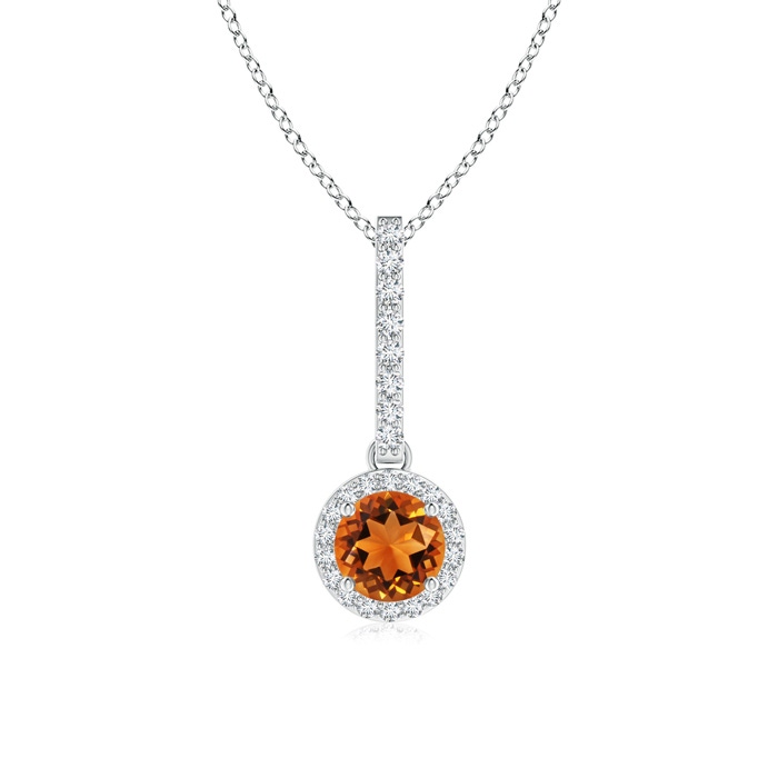 5mm AAAA Dangling Round Citrine and Diamond Halo Pendant in White Gold