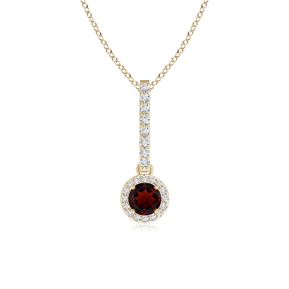 4mm AA Dangling Round Garnet and Diamond Halo Pendant in Yellow Gold 
