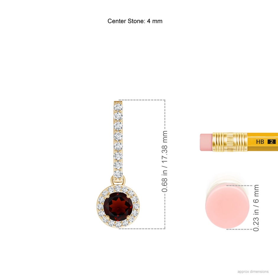 4mm AA Dangling Round Garnet and Diamond Halo Pendant in Yellow Gold ruler