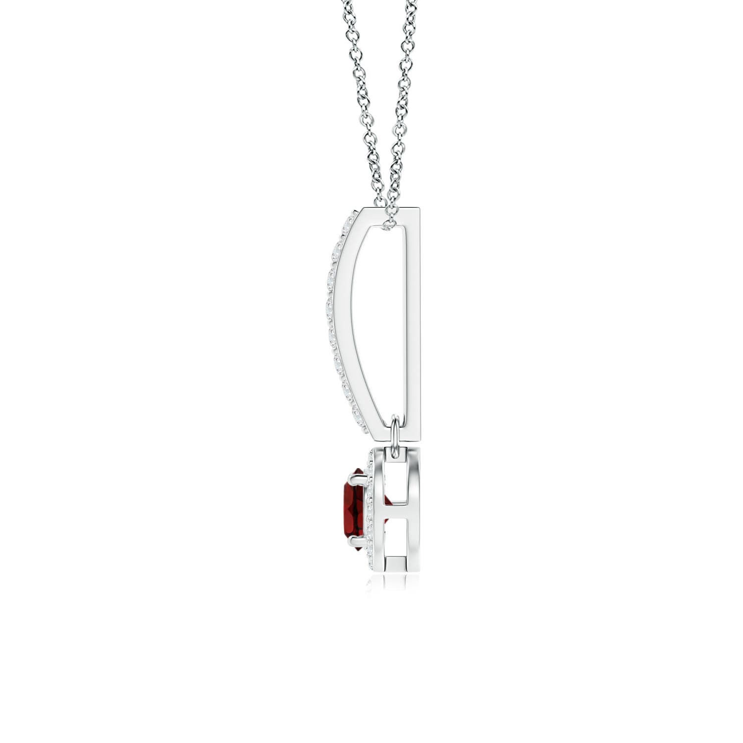 4mm AAA Dangling Round Garnet and Diamond Halo Pendant in P950 Platinum