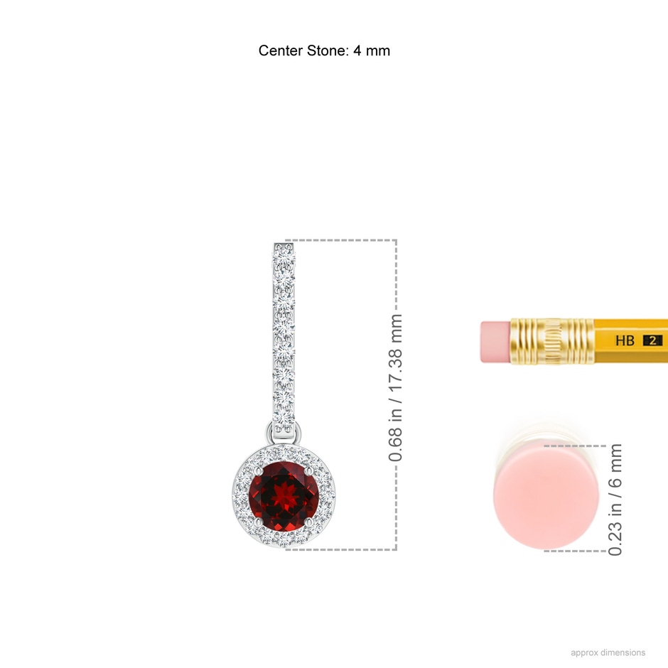 4mm AAAA Dangling Round Garnet and Diamond Halo Pendant in White Gold ruler