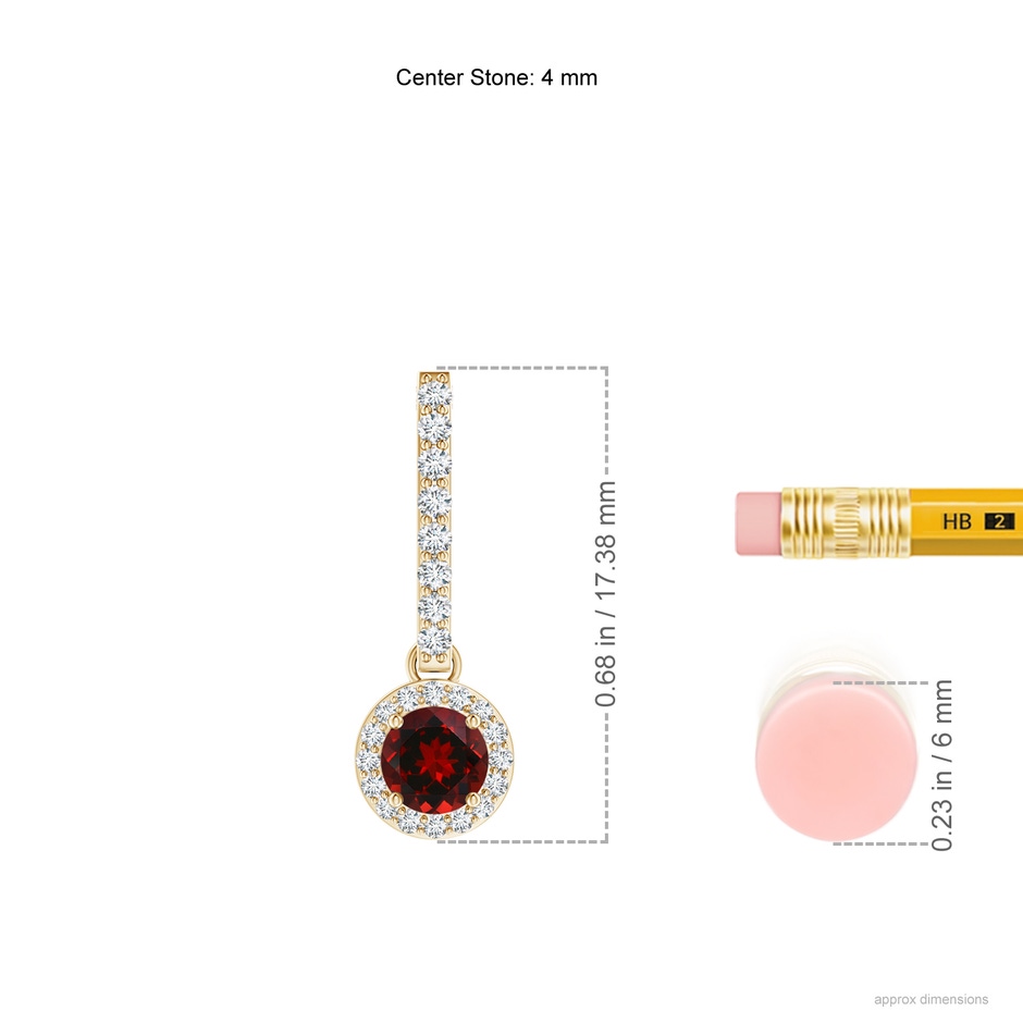 4mm AAAA Dangling Round Garnet and Diamond Halo Pendant in Yellow Gold ruler