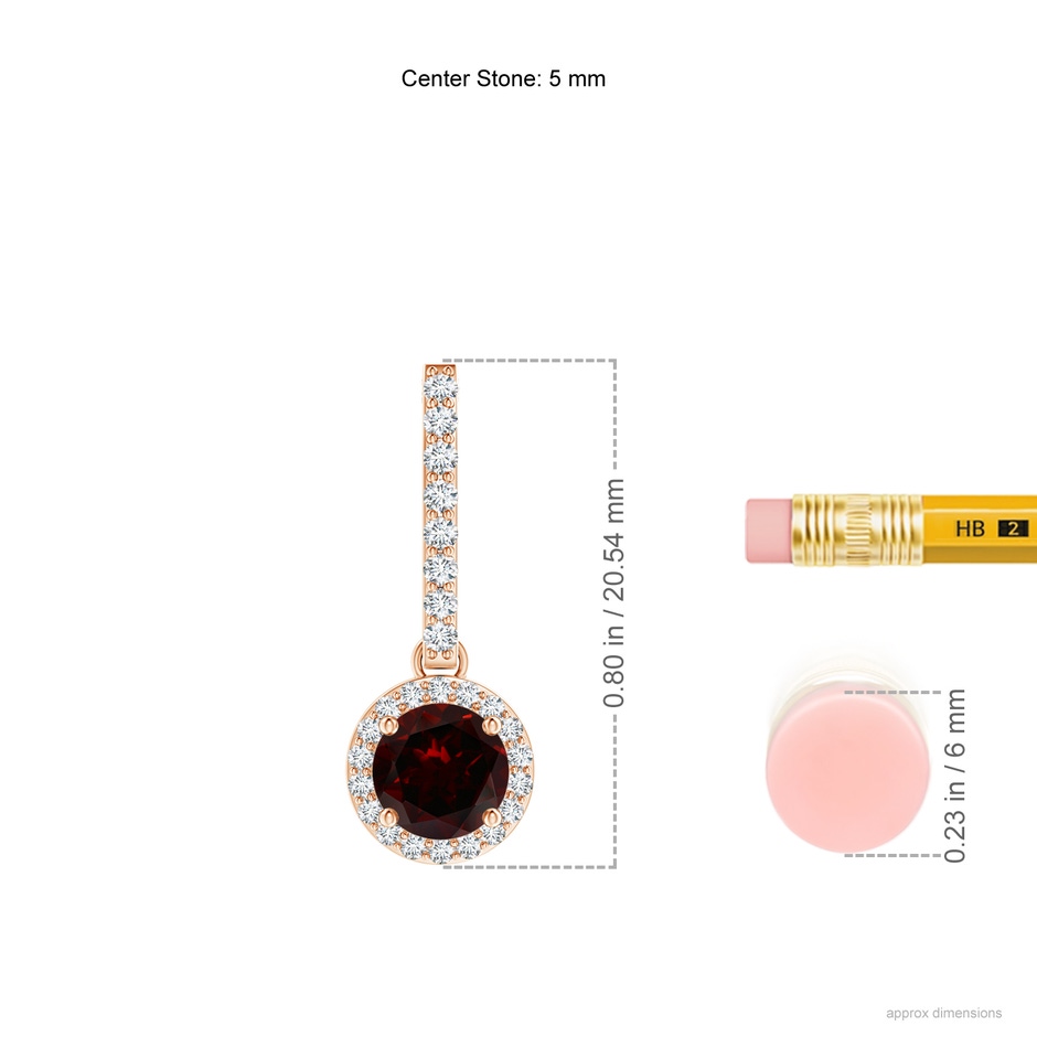 5mm A Dangling Round Garnet and Diamond Halo Pendant in Rose Gold ruler