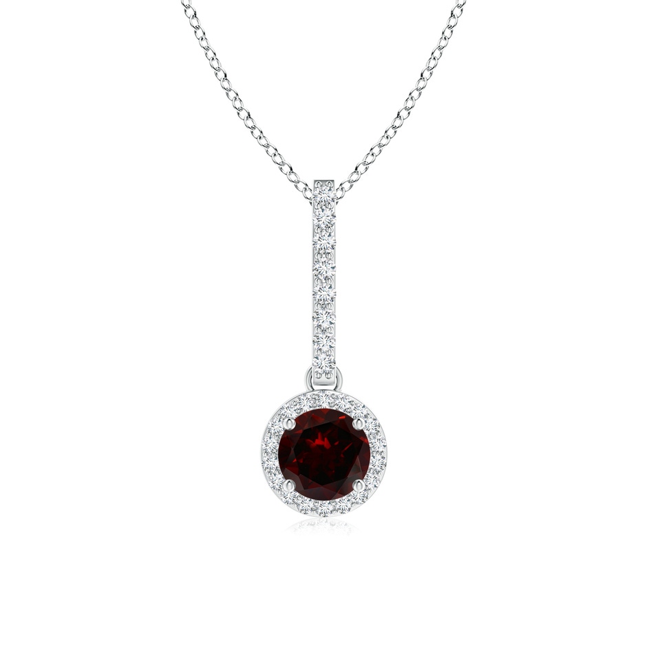 5mm A Dangling Round Garnet and Diamond Halo Pendant in White Gold 