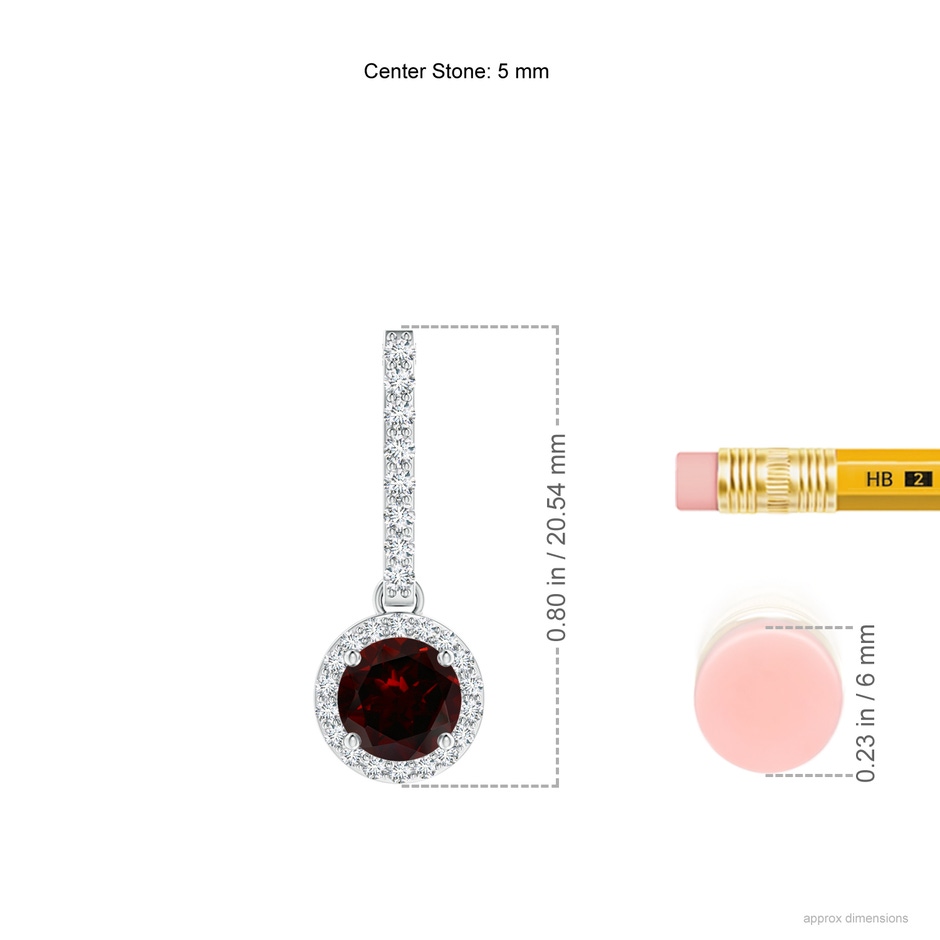 5mm A Dangling Round Garnet and Diamond Halo Pendant in White Gold ruler