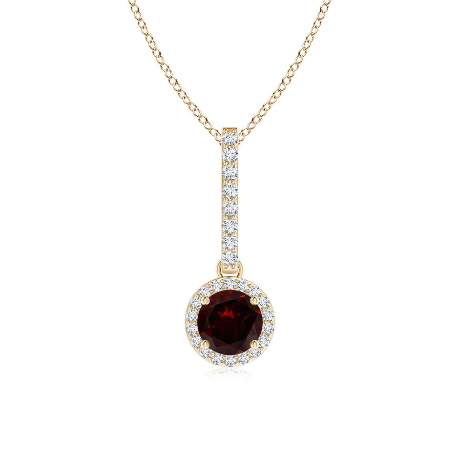 5mm A Dangling Round Garnet and Diamond Halo Pendant in Yellow Gold 