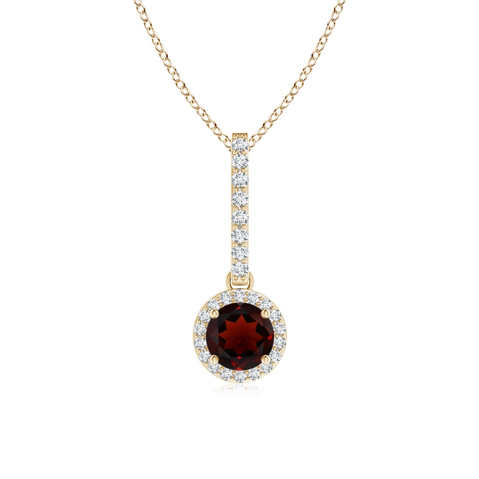 5mm AA Dangling Round Garnet and Diamond Halo Pendant in Yellow Gold 