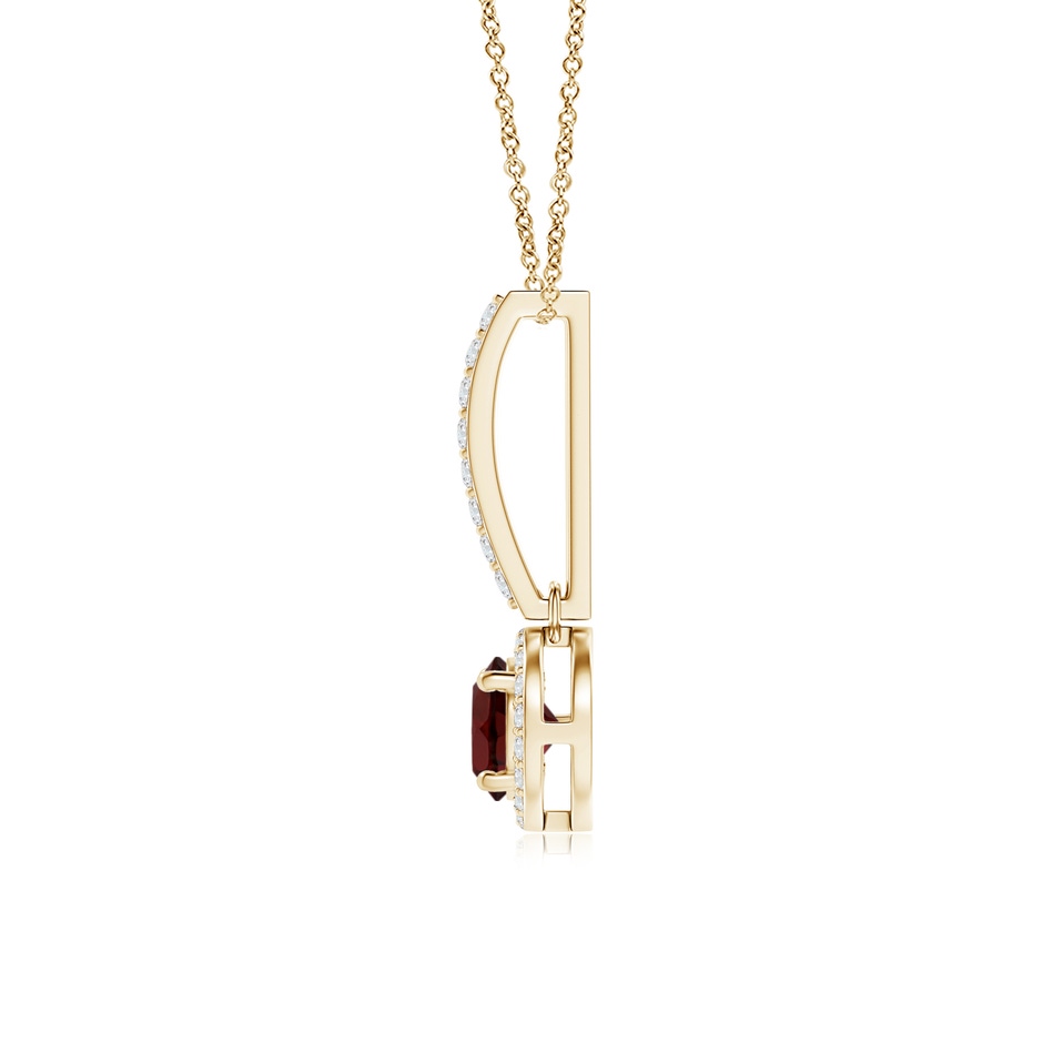 5mm AA Dangling Round Garnet and Diamond Halo Pendant in Yellow Gold side 1