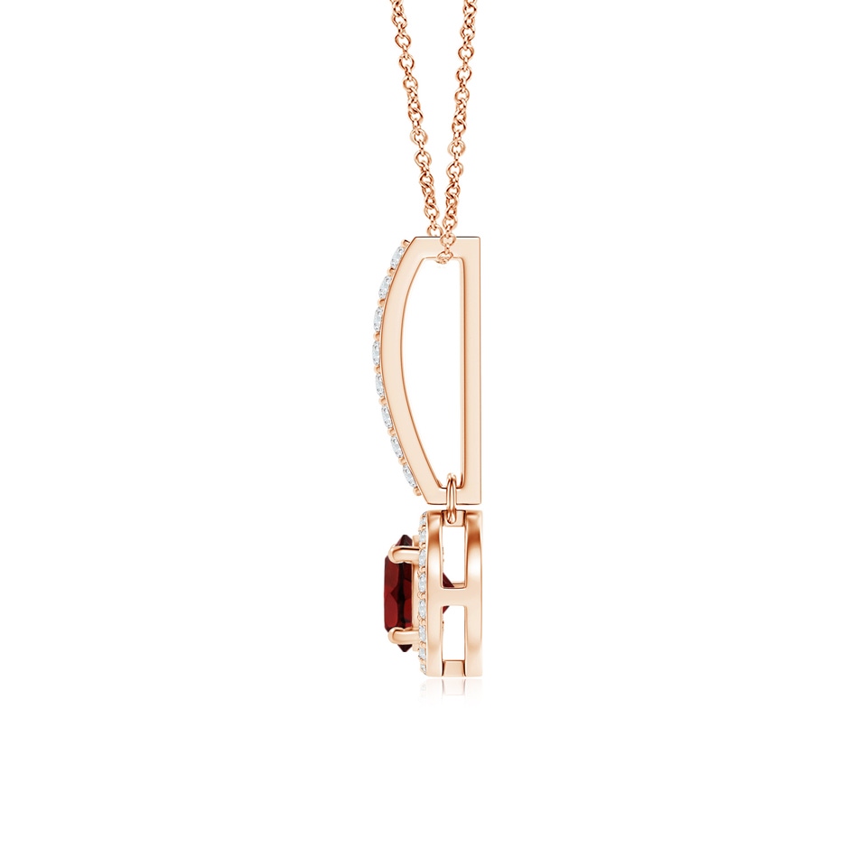 5mm AAA Dangling Round Garnet and Diamond Halo Pendant in Rose Gold side 1