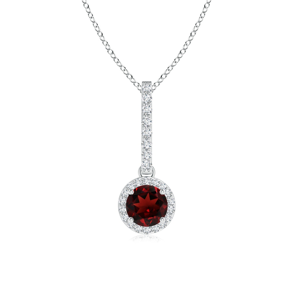 5mm AAA Dangling Round Garnet and Diamond Halo Pendant in White Gold