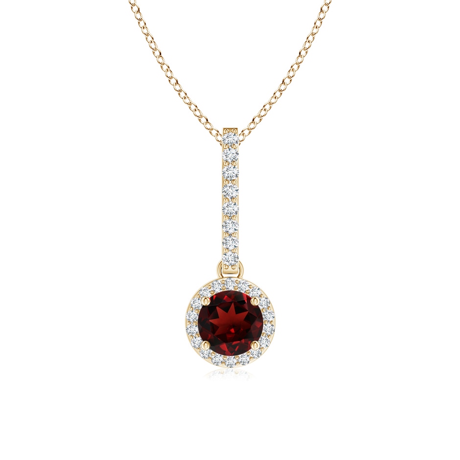 5mm AAA Dangling Round Garnet and Diamond Halo Pendant in Yellow Gold 