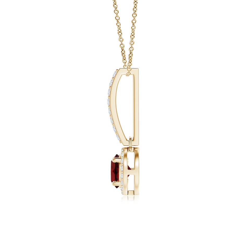 5mm AAA Dangling Round Garnet and Diamond Halo Pendant in Yellow Gold side 1