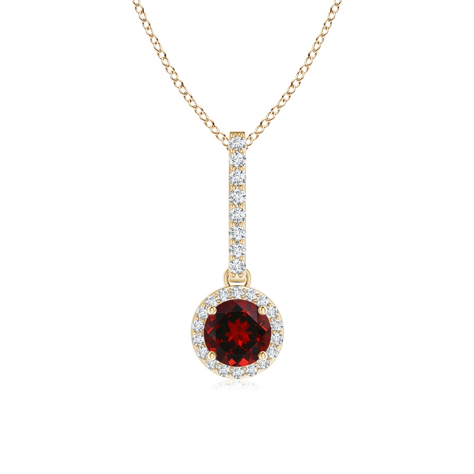 5mm AAAA Dangling Round Garnet and Diamond Halo Pendant in Yellow Gold 