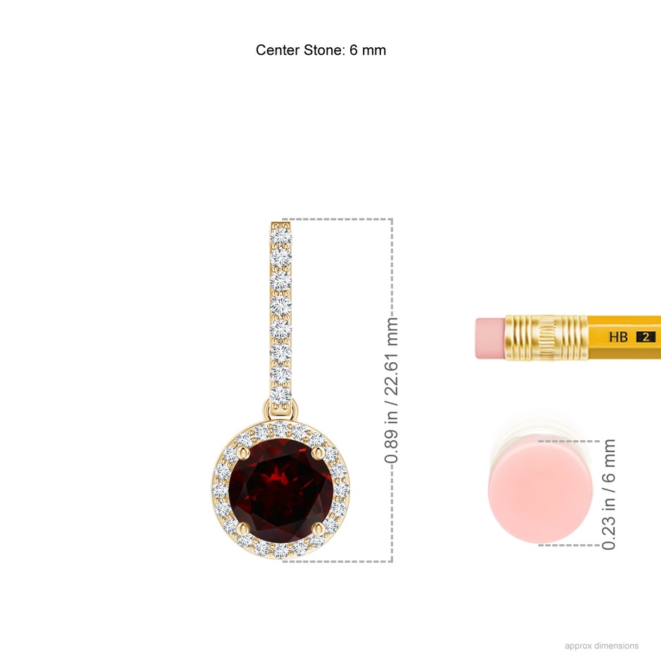 6mm A Dangling Round Garnet and Diamond Halo Pendant in Yellow Gold ruler