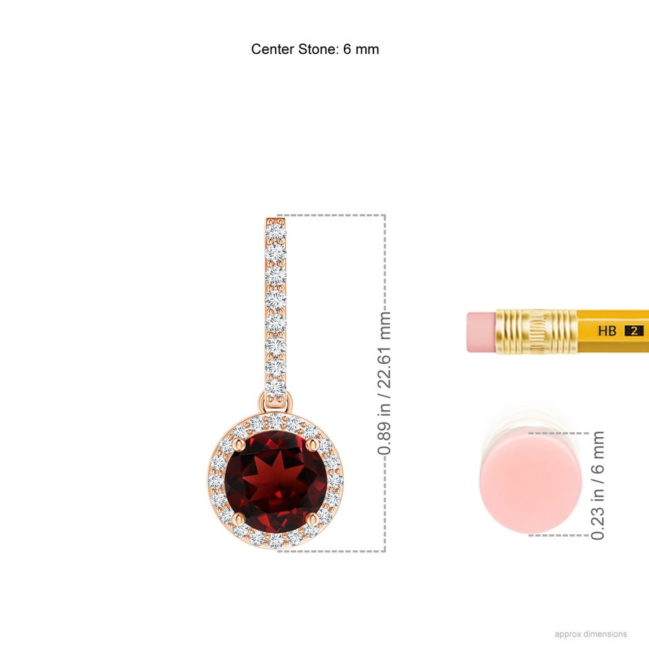 6mm AAA Dangling Round Garnet and Diamond Halo Pendant in Rose Gold ruler