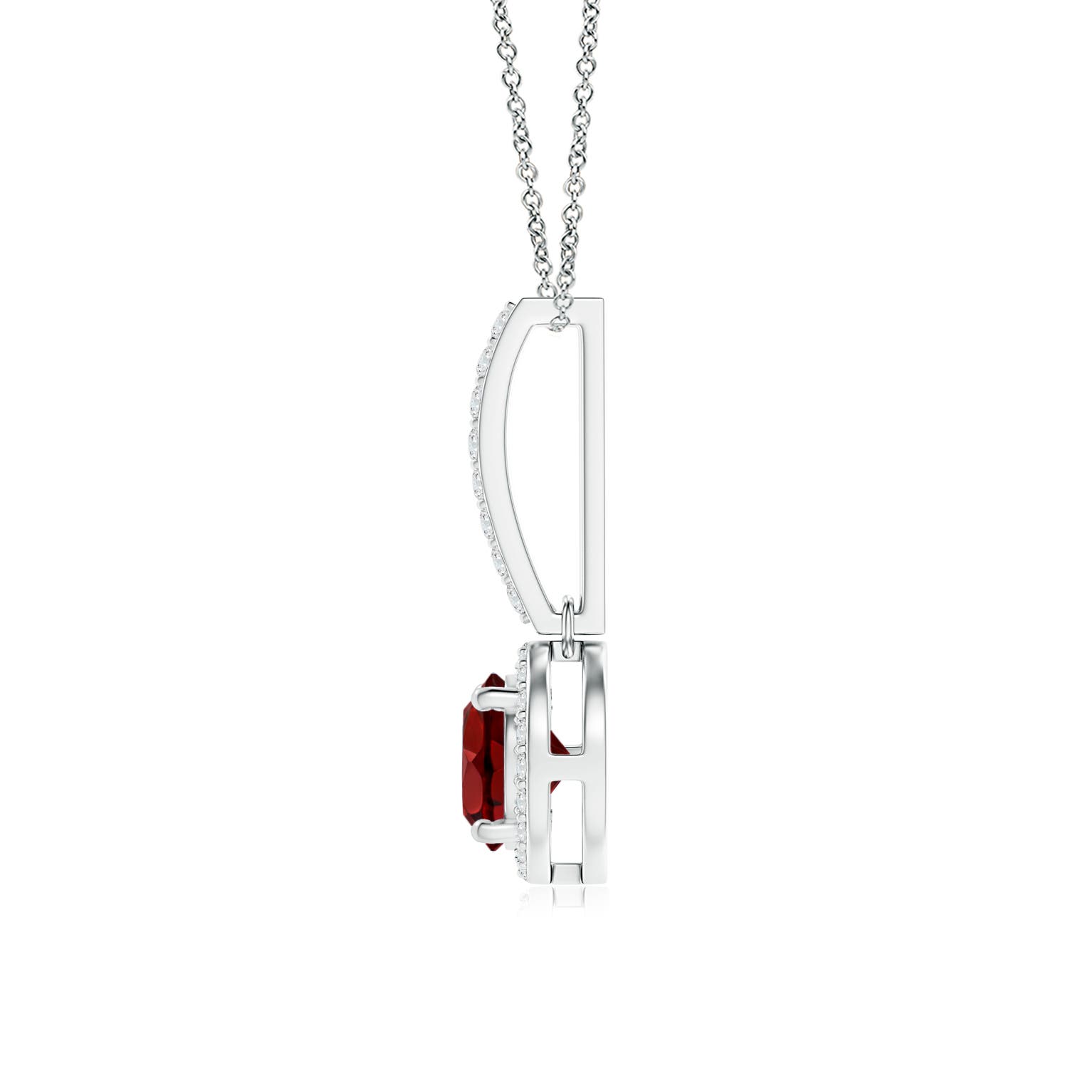 6mm AAAA Dangling Round Garnet and Diamond Halo Pendant in P950 Platinum