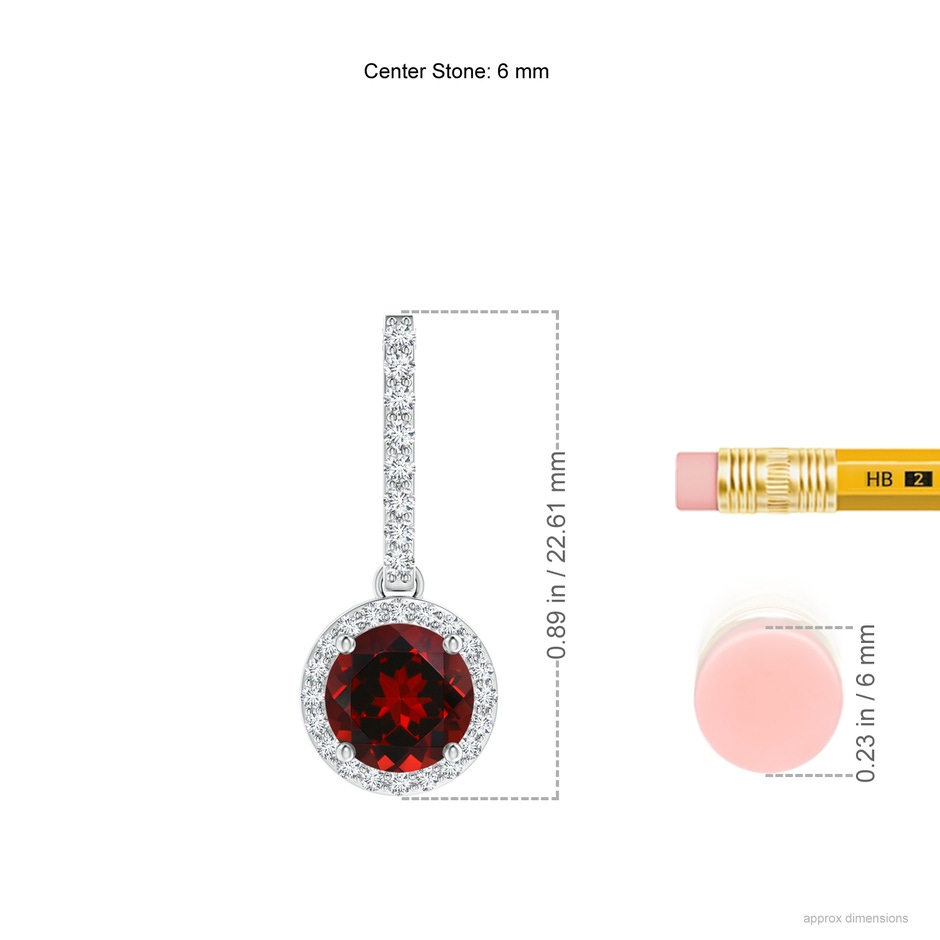 6mm AAAA Dangling Round Garnet and Diamond Halo Pendant in P950 Platinum ruler