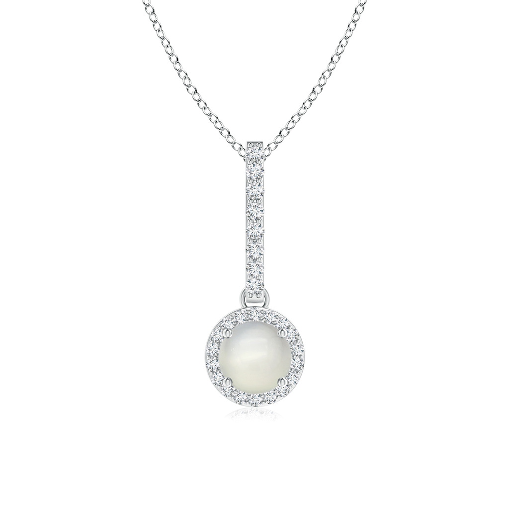 5mm AAA Dangling Round Moonstone and Diamond Halo Pendant in White Gold