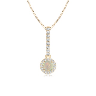 4mm AAAA Dangling Round Opal and Diamond Halo Pendant in Yellow Gold