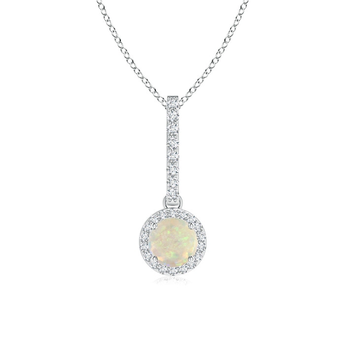 5mm AAA Dangling Round Opal and Diamond Halo Pendant in White Gold 