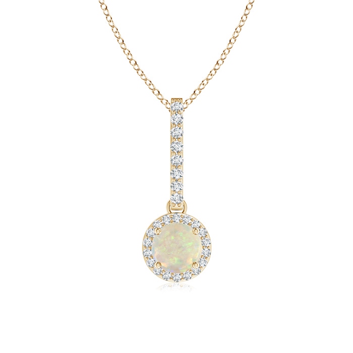 5mm AAA Dangling Round Opal and Diamond Halo Pendant in Yellow Gold 