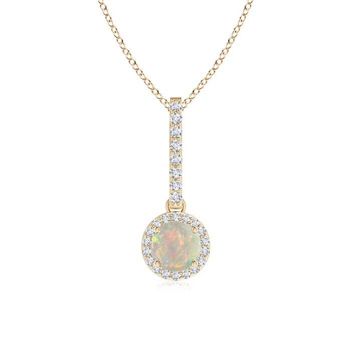 5mm AAAA Dangling Round Opal and Diamond Halo Pendant in Yellow Gold 
