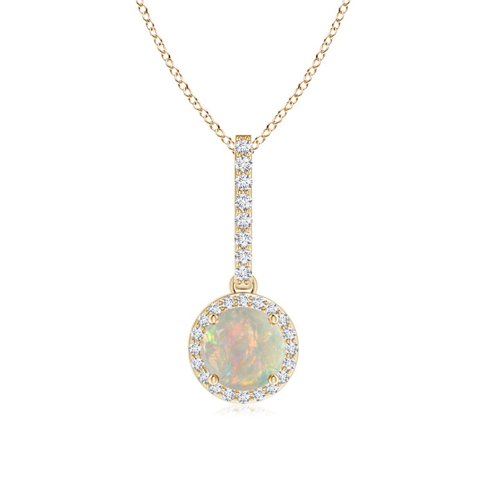 6mm AAAA Dangling Round Opal and Diamond Halo Pendant in Yellow Gold