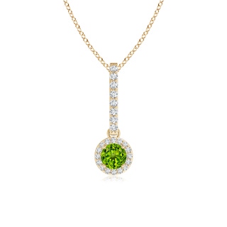 4mm AAAA Dangling Round Peridot and Diamond Halo Pendant in Yellow Gold