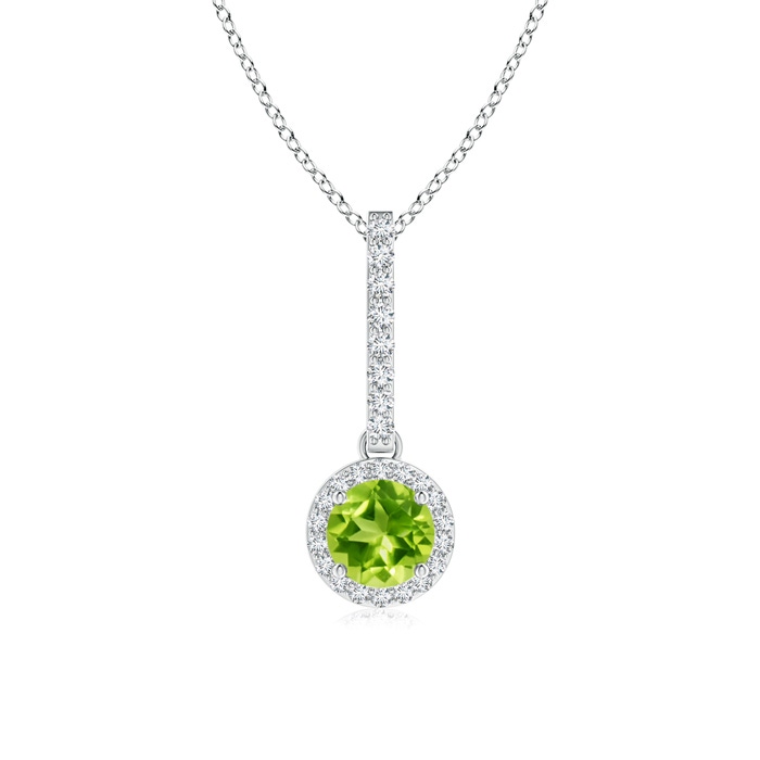 5mm AAA Dangling Round Peridot and Diamond Halo Pendant in White Gold