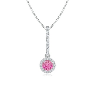 4mm AA Dangling Round Pink Sapphire and Diamond Halo Pendant in White Gold