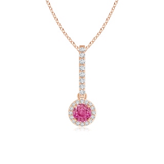 4mm AAA Dangling Round Pink Sapphire and Diamond Halo Pendant in Rose Gold