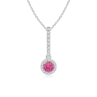 4mm AAA Dangling Round Pink Sapphire and Diamond Halo Pendant in White Gold