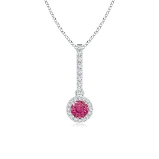 4mm AAAA Dangling Round Pink Sapphire and Diamond Halo Pendant in 9K White Gold