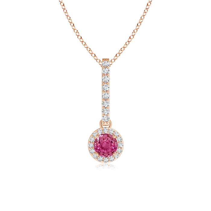 4mm AAAA Dangling Round Pink Sapphire and Diamond Halo Pendant in Rose Gold