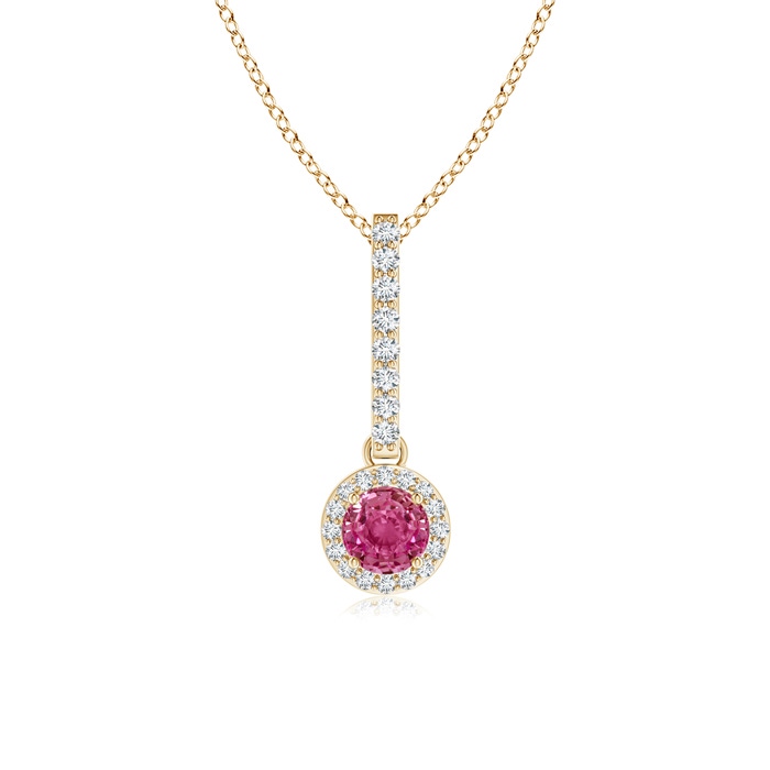 4mm AAAA Dangling Round Pink Sapphire and Diamond Halo Pendant in Yellow Gold