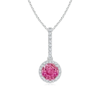 6mm AAA Dangling Round Pink Sapphire and Diamond Halo Pendant in White Gold