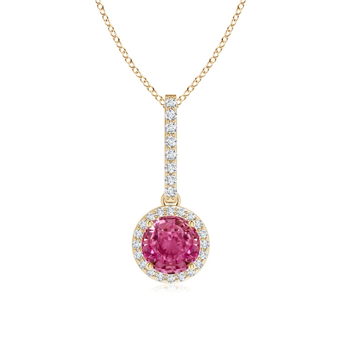 6mm AAAA Dangling Round Pink Sapphire and Diamond Halo Pendant in Yellow Gold