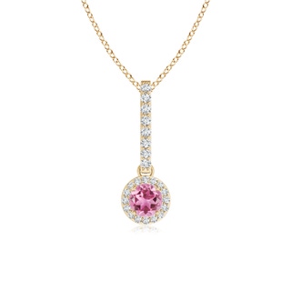 4mm AAA Dangling Round Pink Tourmaline and Diamond Halo Pendant in Yellow Gold