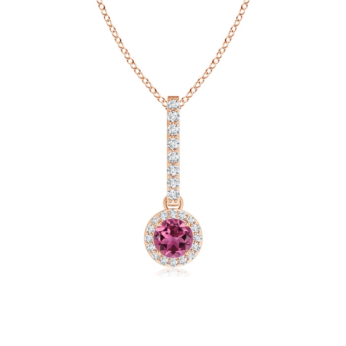 4mm AAAA Dangling Round Pink Tourmaline and Diamond Halo Pendant in Rose Gold