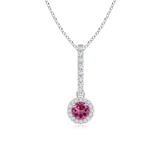 4mm AAAA Dangling Round Pink Tourmaline and Diamond Halo Pendant in White Gold