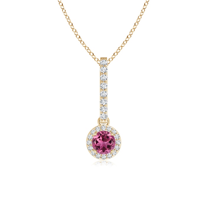 4mm AAAA Dangling Round Pink Tourmaline and Diamond Halo Pendant in Yellow Gold