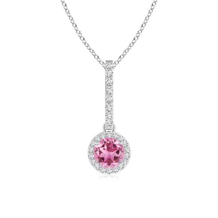 5mm AAA Dangling Round Pink Tourmaline and Diamond Halo Pendant in White Gold