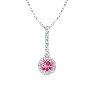 5mm AAA Dangling Round Pink Tourmaline and Diamond Halo Pendant in White Gold